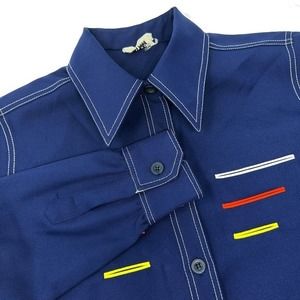 Rare Vintage Sir James Mens Blue Polyester Leisure Long Sleeve‎ Shirt Disco 70's